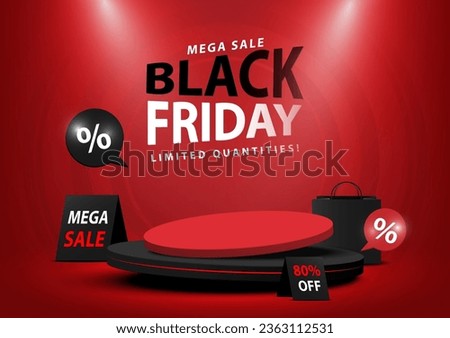 Black Friday, Mega Sale. Stage pedestal for Advertising product with sale tags banner elements on red background. Abstract background. Vector illustration. Royalty-Free Stock Photo #2363112531