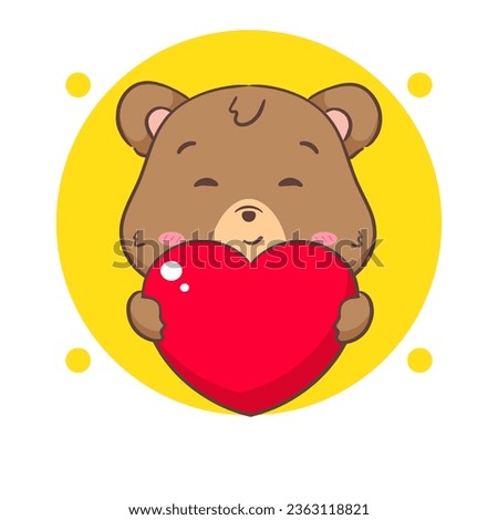 Cute brown bear holding love heart. Kawaii adorable animal and valentines day concept design. Isolated white background. Vector art illustration.