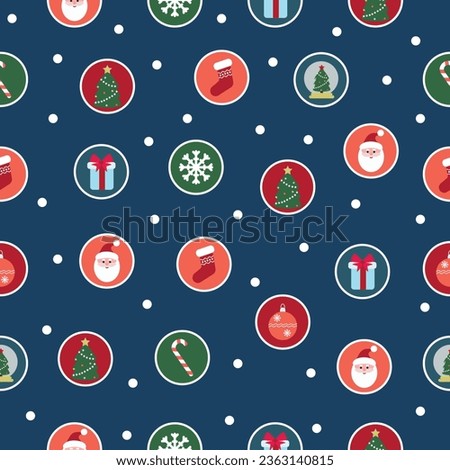 Christmas seamless pattern with New Year elements. Santa Claus, Christmas tree, gifts, snowflakes, Christmas ball. Christmas design for fabric, packaging, background, wallpaper, cover.
