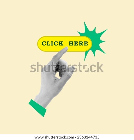 
Contemporary art collage of hand presses the click here button. Modern design. Copy space. Royalty-Free Stock Photo #2363144735