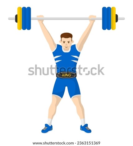 Weightlifter male character, isolated man personage with barbell and heavy weights training and practicing. Working out and growing muscles in gym, competition for guy. Vector in flat styles Royalty-Free Stock Photo #2363151369