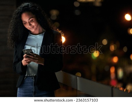 Phone, rooftop and professional woman typing internet search, scroll on website or contact social media user. City mockup space, cellphone and night person check mobile app, feedback or reading email Royalty-Free Stock Photo #2363157103