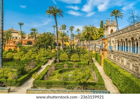 Exterior and garden of Real Alcazar Destination in  Sevilla, Spain Royalty-Free Stock Photo #2363159921