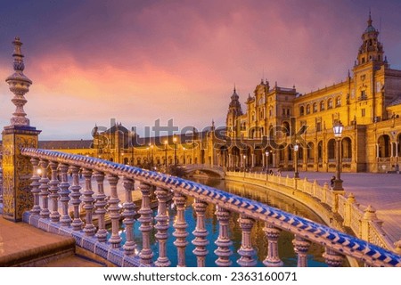 Panoramic view of Plaza de Espana in Seville, Andalusia, Spain at sunset Royalty-Free Stock Photo #2363160071
