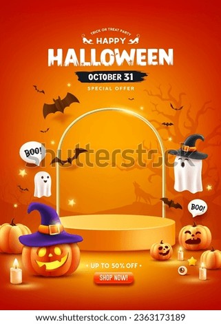 Happy Halloween sale orange podium, pumpkin, ghost, candle, and bat on orange poster flyer design background, Eps 10 vector illustration
