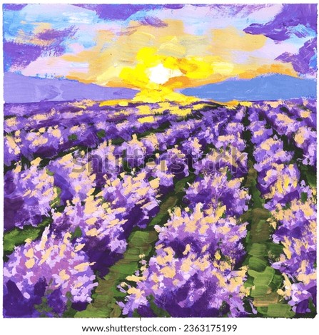 A simple image of a lavender field with flowers at sunset. Simple bright juicy painting. Summer hot day in the field, illustration in traditional technique, gouache
