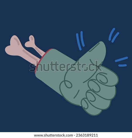 Cartoon vector illustration of Zombie hand shows like gesture over dark background