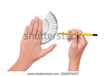 The boy uses a protractor to measure degrees. Math and engineering concepts for kids. white background and isolate.