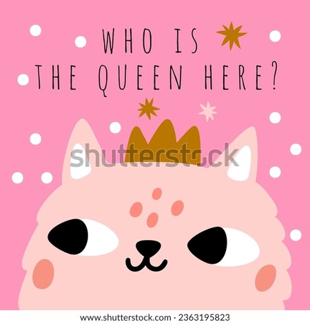 Cute cats greeting card. Cartoon kitten character. Domestic animals head with crown. Kitty queen. Funny feline mammal. Adorable pussycat. Pink pets portrait. Vector girls