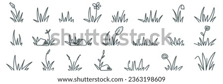 Hand drawn grass set. Separate tufts of grass, compact bushes, wildflowers and herbs doodle sketch style collection. Black silhouettes botanical herbs isolated on white background, vector clip art