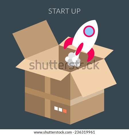 Startup concept. Vector illustration of box and starting rocket in flat design style
