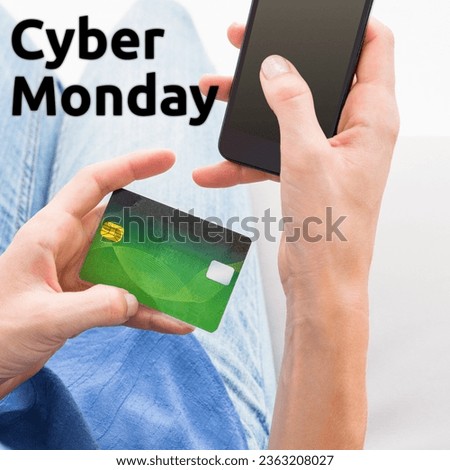 Cyber monday text over hands of caucasian woman using smartphone and credit card shopping online. Cyber monday, online shopping and sale promotion concept digitally generated image.