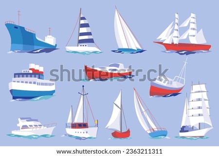 Water transport mega set elements in flat design. Bundle of cruise liner, ships, sailboats, frigate, yachts and other floating or shipping marine vehicles. Vector illustration isolated graphic objects Royalty-Free Stock Photo #2363211311