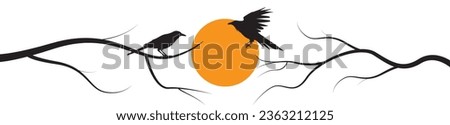Birds silhouette on tree on sunset, vector. Flying bird silhouette and bird on branch illustration isolated on white background. Minimalist art design