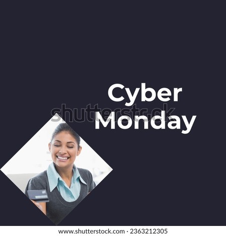 Cyber monday text over happy biracial woman holding credit card shopping online. Cyber monday, online shopping and sale promotion concept digitally generated image.