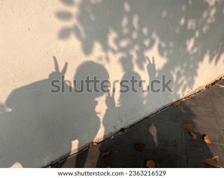 Abstract girls friendship best friend forever concept idea. Happy hand peace hand sign pose photo shadow silhouette isolated on plain white walls and side walk flooring. Royalty-Free Stock Photo #2363216529