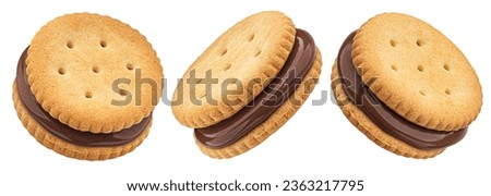 Sandwich cookies, chocolate cream filled biscuits isolated on white background, full depth of field Royalty-Free Stock Photo #2363217795