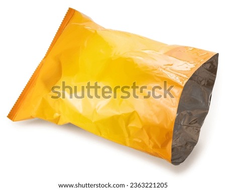Empty Foil and plastic snack bags mockup isolated on white background, Yellowl pillow packages for food production, snack wrappers on White Background With clipping path. Royalty-Free Stock Photo #2363221205