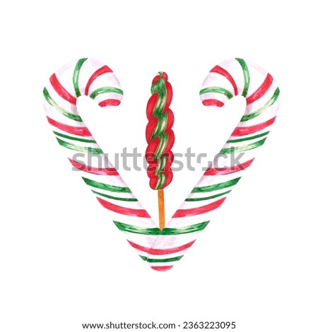 Hand drawn watercolor christmas candies and candy cane isolated on white background. Can be used for cards, label, banner and other printed products