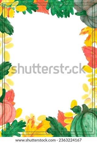 Hand drawn watercolor autumn leaves pumpkin frame border on white background. Can be used for invitation, Scrapbook, poster, label, banner