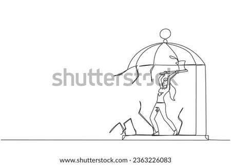 Continuous one line drawing businesswoman trapped in cage holding an axe and destroy the cage. Everything is done to be free. Rising anger. Disappointed. Single line draw design vector illustration