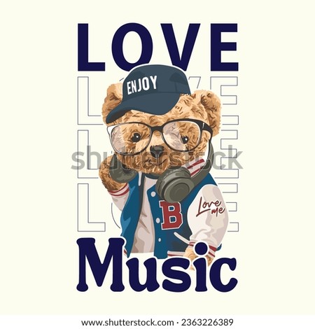 love music slogan with a happy dog on the headphone illustration.Dog listening to music.Graphic design for t-shirt.Funny dog listening to music on the black headset. Pets indoors and lifestyle.