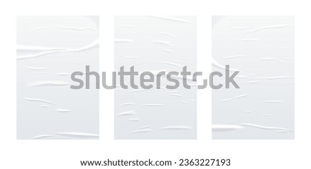 Glued white vertical rectangle paper sheets set. Vector isolated realistic crumpled posters bundle. Wet greased wrinkles blank template texture. Empty advertising column mockup for creative design.