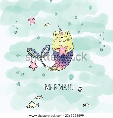 Mermaid cat illustration. Fashion graphic and more