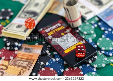 Online poker concept. Smartphone and poker chips on a green background. Poker online banner. Copy space. Vignette. Place for text. Gambling. Background. Royalty-Free Stock Photo #2363229323