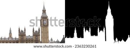 Houses of Parliament and Big Ben in London, England, United Kingdom, isolated on white background with clipping mask and path