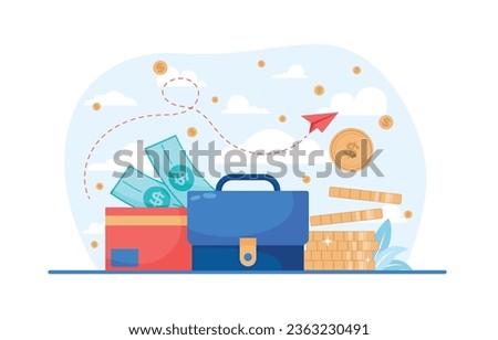 Save money and investment management finance technology. Calculating and analyzing personal or corporate budget, managing financial income. Vector illustration
