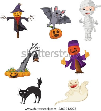 Halloween Elements Set. Cute cartoon spooky characters and elements. Hand drawn trendy illustration EPS 10 Royalty-Free Stock Photo #2363242073