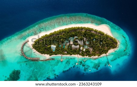 Panoramic aerial view of tropical island morning, baa atoll, maldives Royalty-Free Stock Photo #2363243109