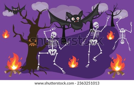 Halloween background vector illustration with dancing skeletons, demon bat, spooky tree, flying fire at night. Flying spooky bat clip art. Flat vector in cartoon style isolated on white background. 