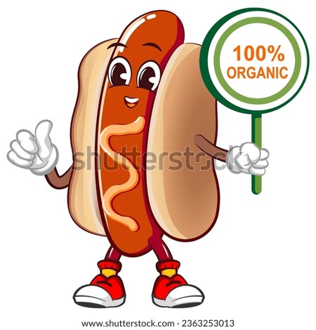 Cute happy hot dog mascot giving a thumbs up sign showing a board saying 100% organic. Isolated vector flat cartoon character illustration design