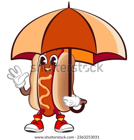cute happy hot dog mascot with umbrella. Isolated vector flat cartoon character illustration design