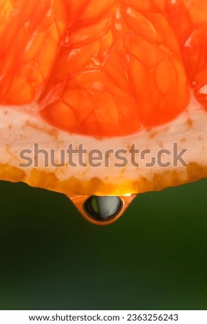 Red grapefruit juice or essential oil dripping from a fresh slice on a blurry green background, macro photography. Fruit background. Vertical photo