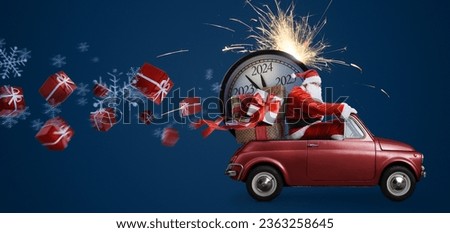 Christmas is coming. Santa Claus on toy car delivering New Year 2024 gifts and countdown clock at blue background with fireworks
