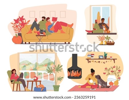 Characters Spend Time at Cozy Autumn Home with Crackling Fires, Soft Blankets, Spiced Aromas. Nature Colors Dance Through Windows, Inviting Relaxation And Comfort. Cartoon People Vector Illustration Royalty-Free Stock Photo #2363259191