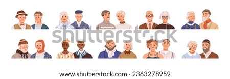 Old couples set. Happy elderly man and woman, face avatars. Senior aged people, married spouses, wife and husband. Grandparents portraits. Flat vector illustrations isolated on white background