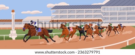 Jockeys riding horses on race track. Equestrians on racehorses competing on racetrack, running at fast speed on racecourse, hippodrome, turf. Equine sports competitions. Flat vector illustration