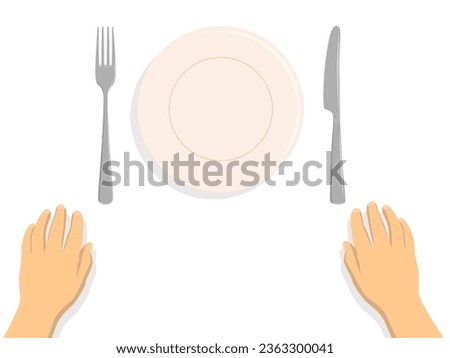 Plate, fork, knife and hands. Served table, top view. Vector illustration isolated on a white background