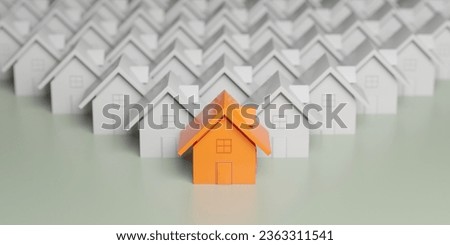 Unique orange house standing out from crowd. Real estate market. 3d rendering
