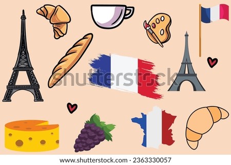 France Icons Clipart with French Flags and French Bread for The National Day of France, Best Paris Set Background