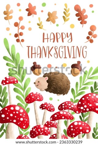 Invitation Card of Thanksgiving's Celebration. Happy Thanksgiving gift card. Autumn template. Hedgehog clip art. Autumn greeting card. Cute autumn forest animals with mushroom and leaves banner. 