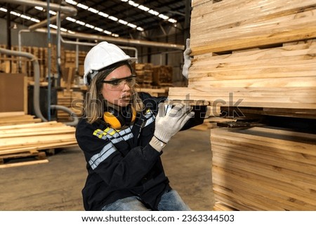 Young wood worker woman checking wooden stock piles in wood distribution warehouse