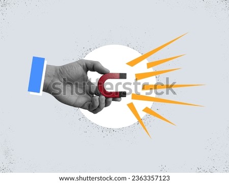 Collage with hand holding a magnet. Customer acquisition. Royalty-Free Stock Photo #2363357123