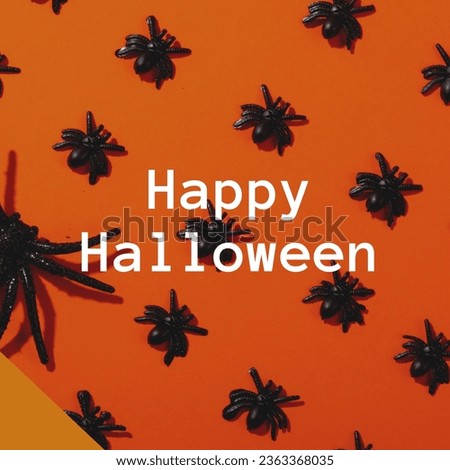 Happy halloween text in white over plastic black flies and spider on orange background. Halloween, october 31st, all hallows' eve, tradition and celebration, digitally generated image.