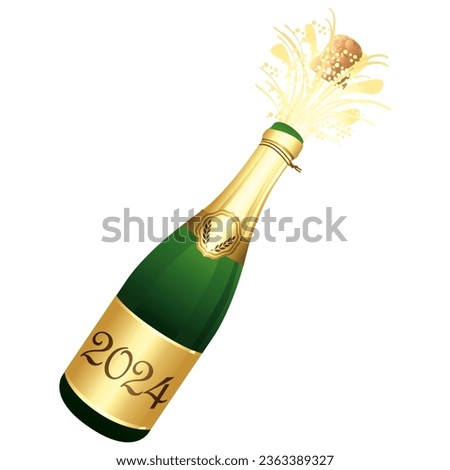 Champaign bottle. Happy New Year 2024. Cork explosion. Festive icon. Illustration. White background icon.