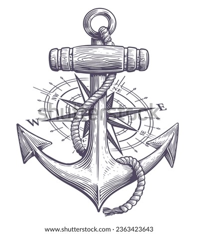 Anchor with rope and nautical compass drawn in engraving style. Sketch vintage vector illustration
